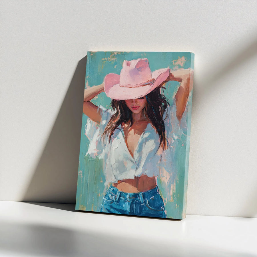 Cowgirl Canvas Wall Art | Impressionist Woman in Pink Hat Painting | Premium Gallery Wrapped Print | Modern Boho Western Home Decor Gift