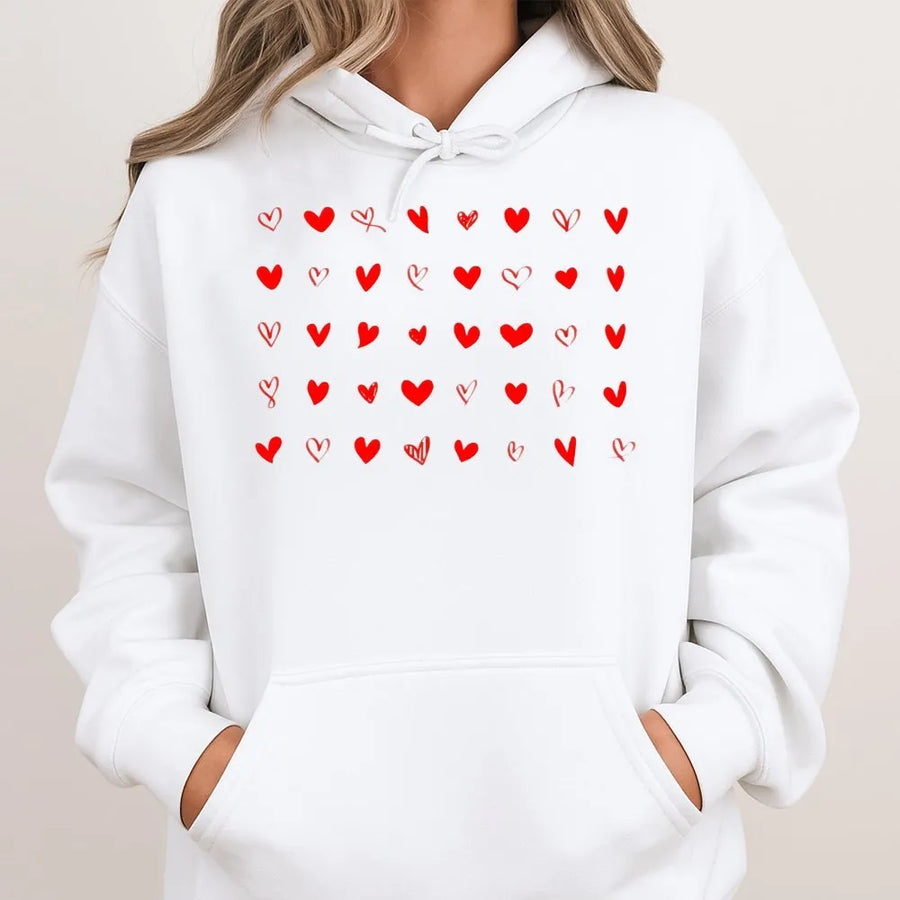 Cute Heart Hoodie | Minimalist Red Hearts Pattern Design | Premium Cotton Blend | Romantic Valentines Day Gift For Her