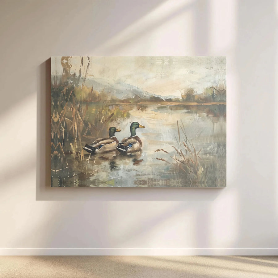 Mallard Ducks Canvas Wall Art | Vintage Impressionist Lake Painting | Premium Gallery Wrap Canvas | Rustic Cabin Decor Gift for Hunter