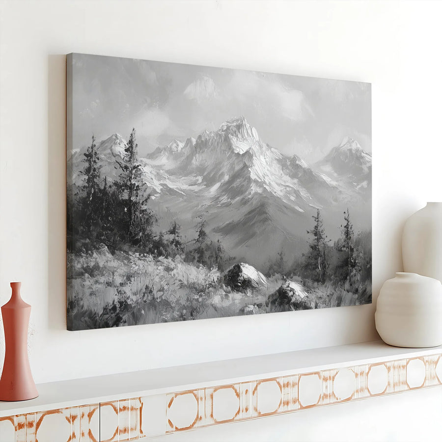 Mountain Landscape Canvas Wall Art | Black And White Pine Tree Forest | Premium Gallery Wrapped Decor | Modern Nature Home Office Gift