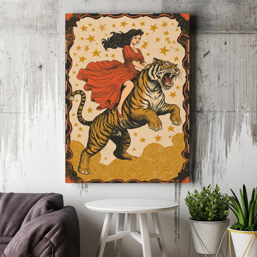 Vintage Tiger Rider Canvas Wall Art | Retro Circus Poster Illustration | Premium Gallery Wrapped Canvas | Eclectic Home Decor Gift