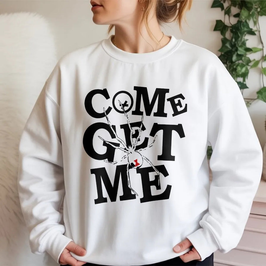 Black Widow Spider Graphic Sweatshirt | Come Get Me Streetwear Print | Premium Cotton Shirt | Unisex Gift for Bikers and Racers