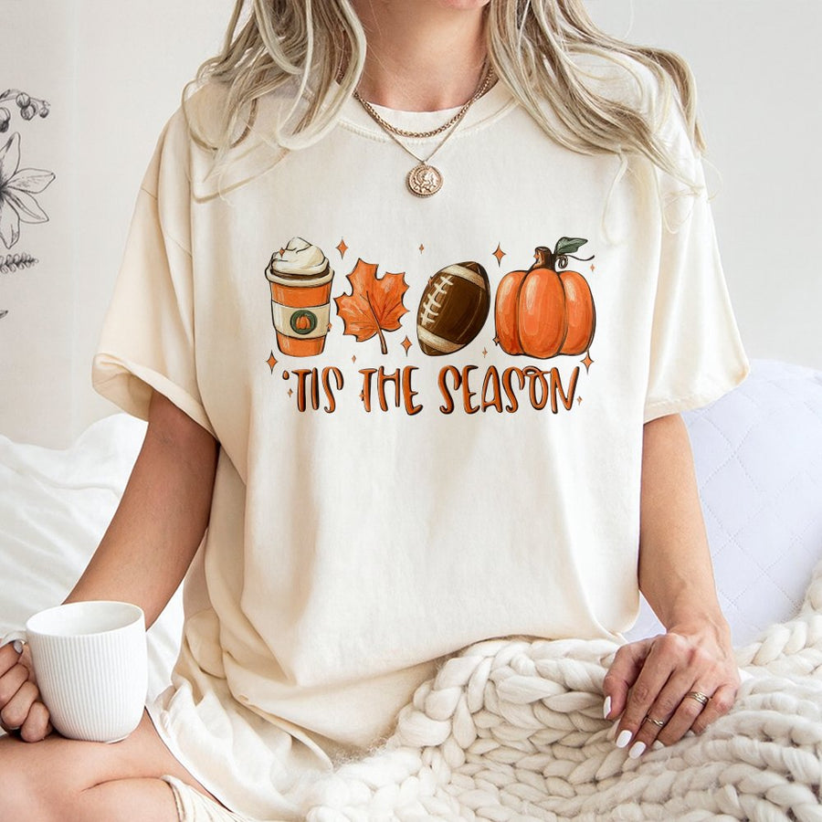 Tis The Season Fall T-Shirt | Pumpkin Spice Latte & Football Autumn Graphic Tee | 100% Premium Cotton | Cute Thanksgiving Gift For Her