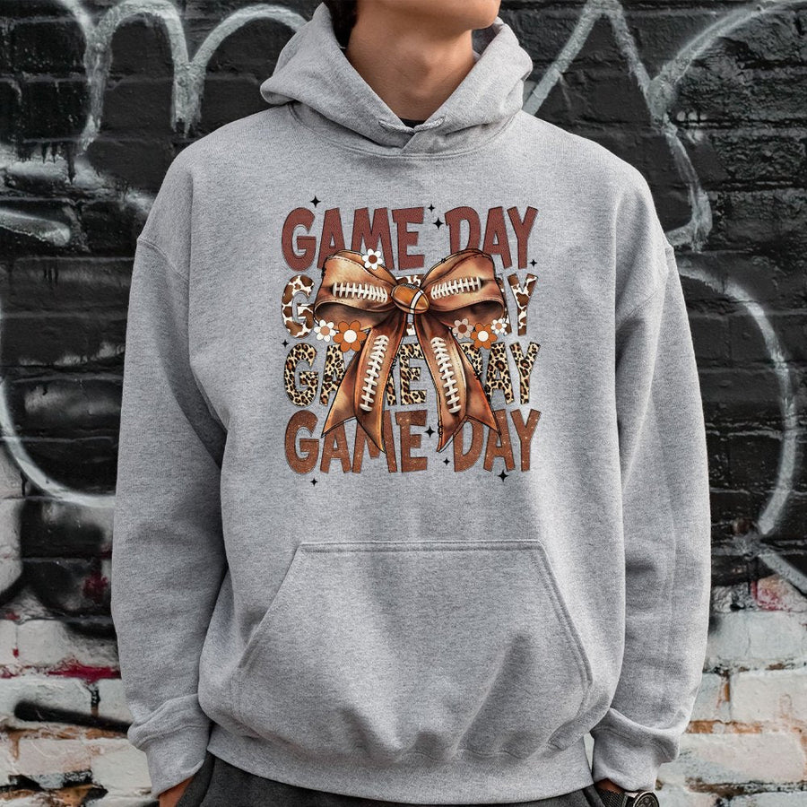 Game Day Football Hoodie | Leopard Print Bow Graphic | Soft Cotton-Poly Blend | Cute Fall Sports Apparel Gift for Women and Fans