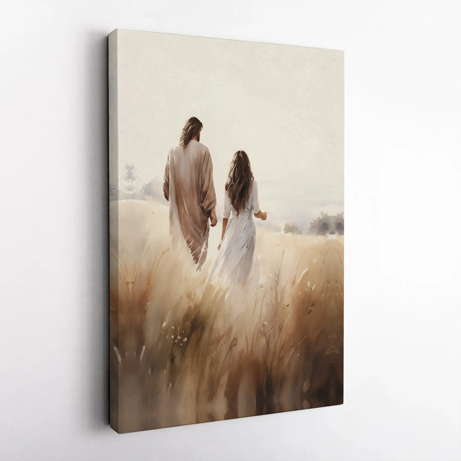 Jesus Walking With Woman Wall Art | Spiritual Meadow Portrait | Premium Gallery Canvas | Christian Home Decor Gift