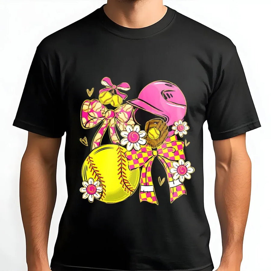 Softball Coquette T-Shirt | Pink Bow and Floral Softball Design | Premium 100% Cotton | Cute Game Day Gift for Softball Mom or Player