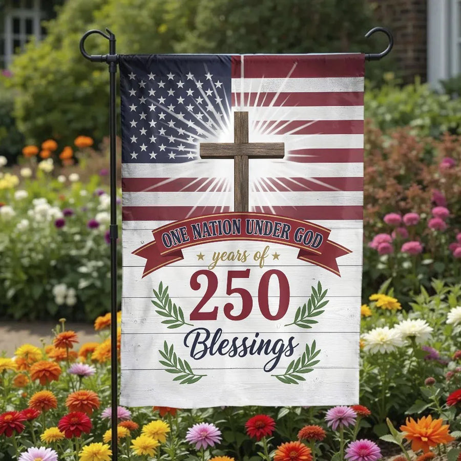 Patriotic Christian Garden Flag | 250th Anniversary USA Cross Design | Double Sided Weather Resistant | One Nation Under God Yard Decor Gift