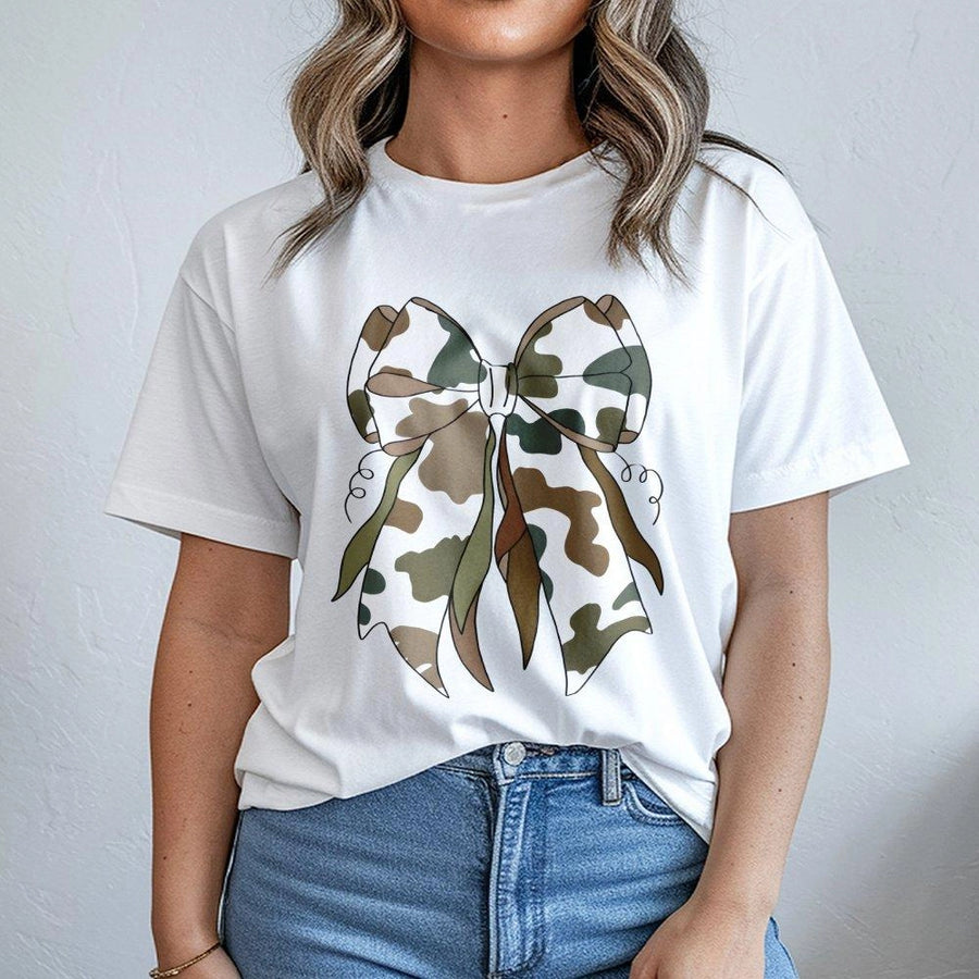 Camo Bow T-Shirt | Trendy Coquette Aesthetic Graphic Print | Premium Soft Cotton Tee | Cute Gift for Women and Teens