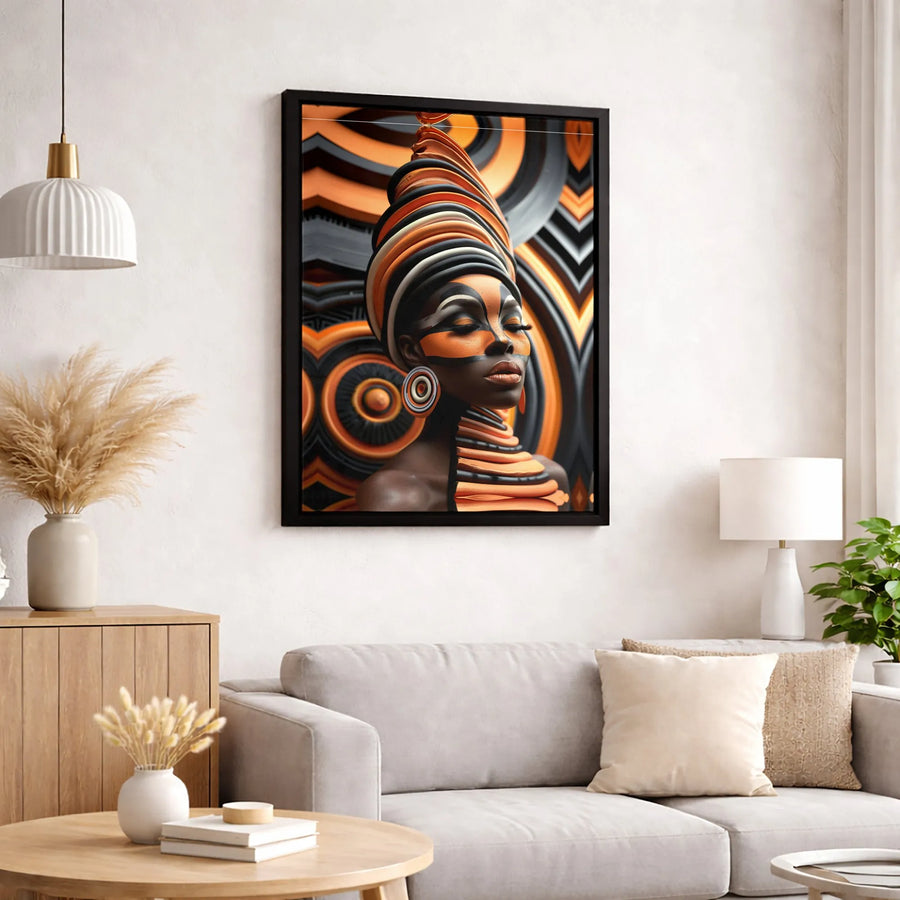 African Woman Canvas Wall Art | Abstract Portrait With Orange Turban | Gallery-Quality 1.25" Thick Print | Modern Home Decor Gift For Her