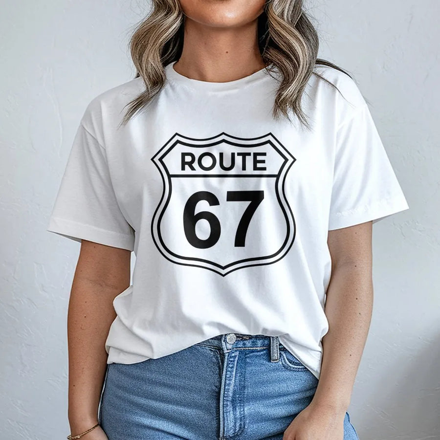 Route 67 T-Shirt | Classic Road Sign Graphic | Premium Cotton Unisex Tee | Funny Math Number Birthday Gift for Men and Women