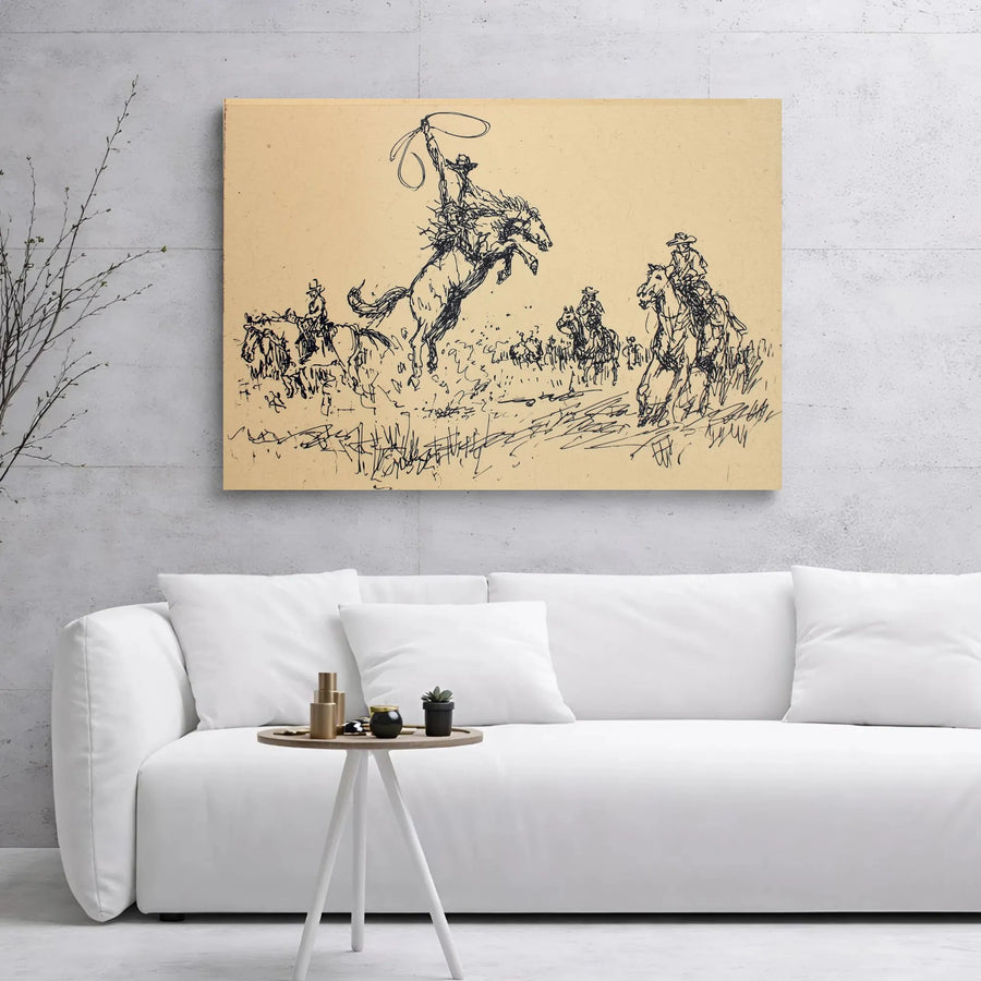Western Cowboy Canvas Art | Bucking Bronco Sketch Print | 1.25 Inch Gallery Wrap | Rustic Home Decor Gift for Horse Lovers