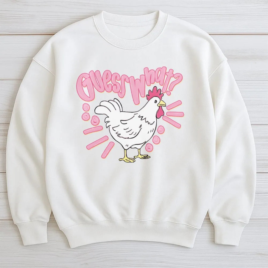 Funny Chicken Sweatshirt | Guess What Chicken Butt Joke Graphic | Soft Cotton Blend Unisex Jumper | Gift for Chicken Lover