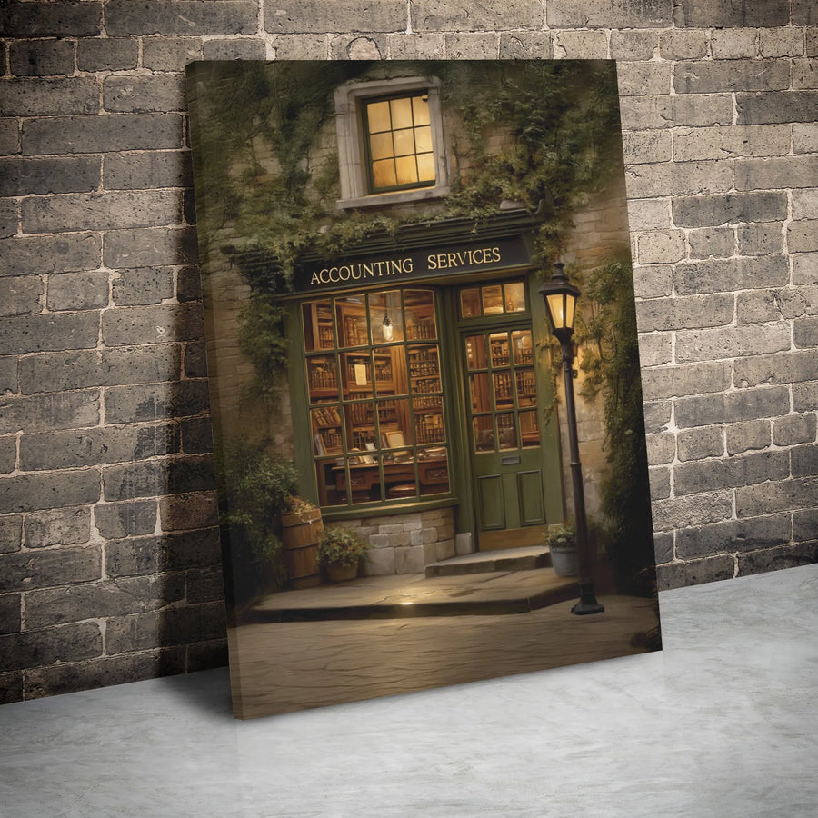 Accounting Office Wall Art | Vintage Bookstore Style Storefront | Gallery Wrapped Canvas | Premium CPA Gift for Accountant or Home Office