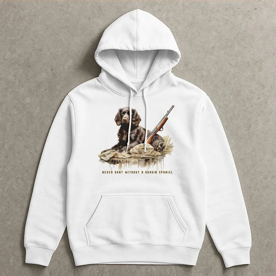 Boykin Spaniel Hoodie | Realistic Hunting Dog and Shotgun Graphic | Premium Cotton Blend | Gift for Hunter and Outdoor Enthusiast