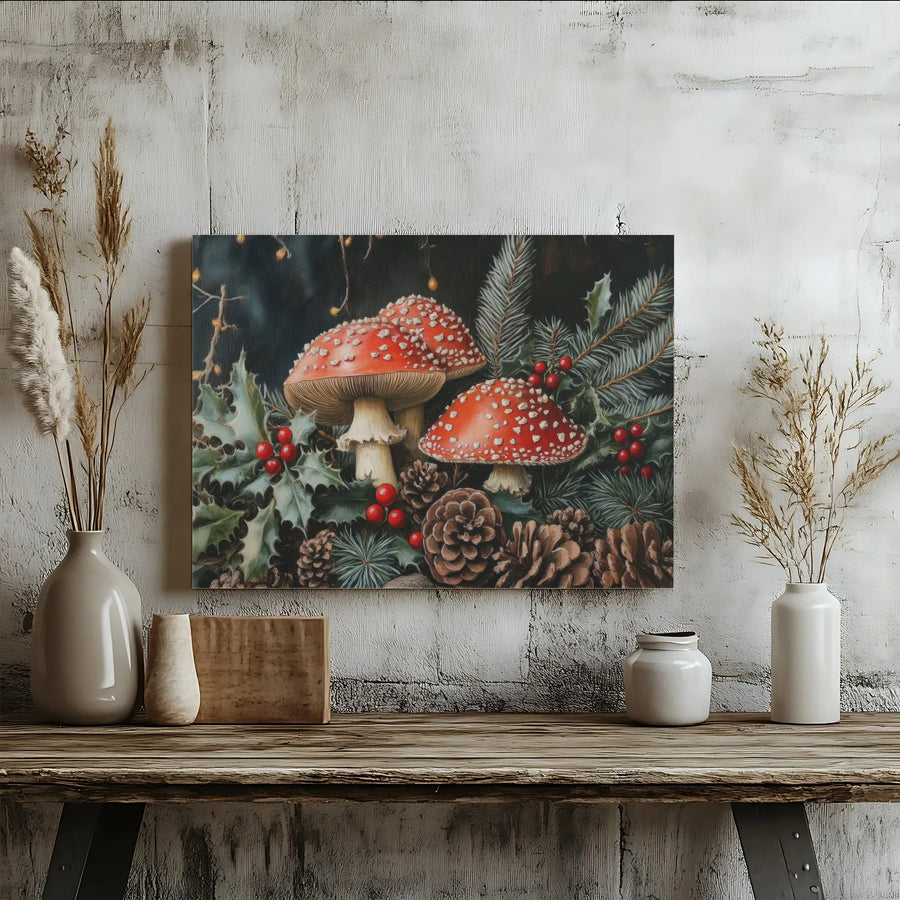 Christmas Mushroom Wall Art | Red Amanita Holly Pine Cone Canvas Print | Premium Gallery Wrap Decor | Holiday Seasonal Home Gift