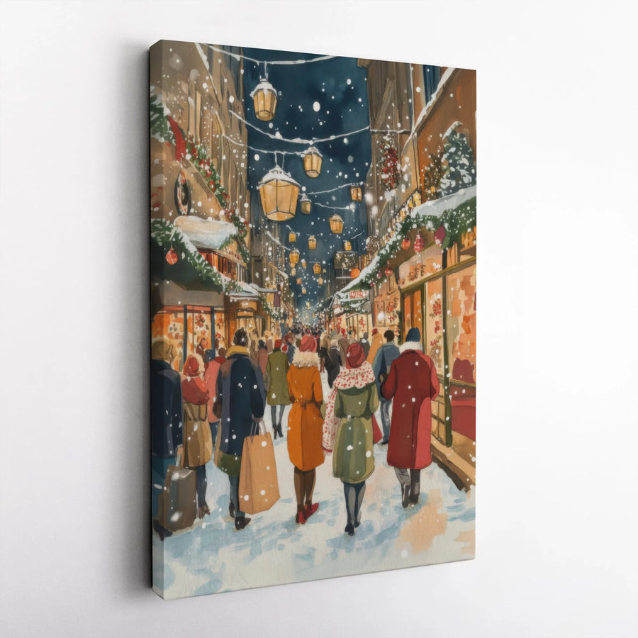 Christmas Street Canvas Print | Snowy Winter Cityscape Watercolor | Premium 1.25-Inch Gallery Wrap | Festive Holiday Wall Decor Gift