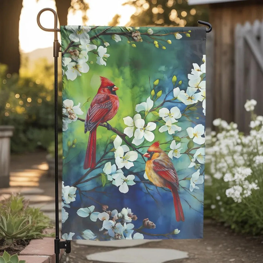 Cardinal Garden Flag | Double Sided Watercolor Bird Print | Weather Resistant Polyester | Spring Yard Decor Gift for Bird Lovers