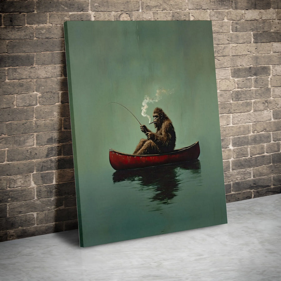 Bigfoot Fishing In Canoe Canvas Wall Art | Smoking Sasquatch Cabin Decor | Premium Gallery Wrapped Print | Unique Outdoorsman Gift For Men