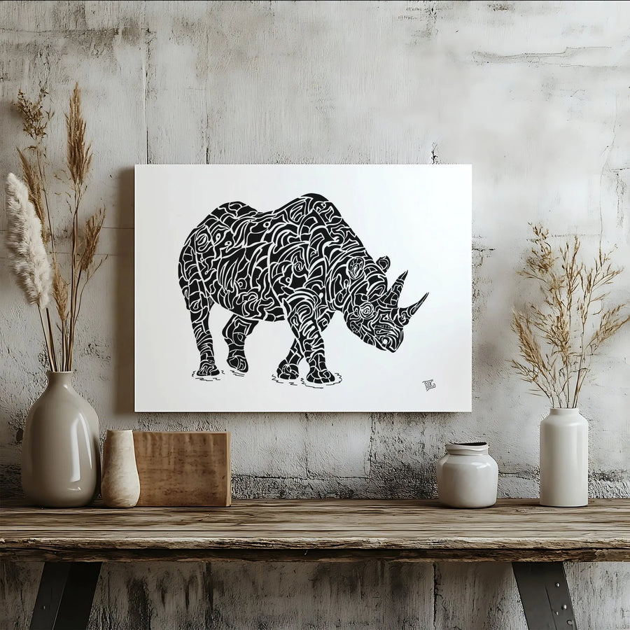 Rhinoceros Canvas Wall Art | Abstract Geometric Animal Line Work | Premium Gallery Wrap 1.25" Frame | Modern Minimalist Home Decor Gift