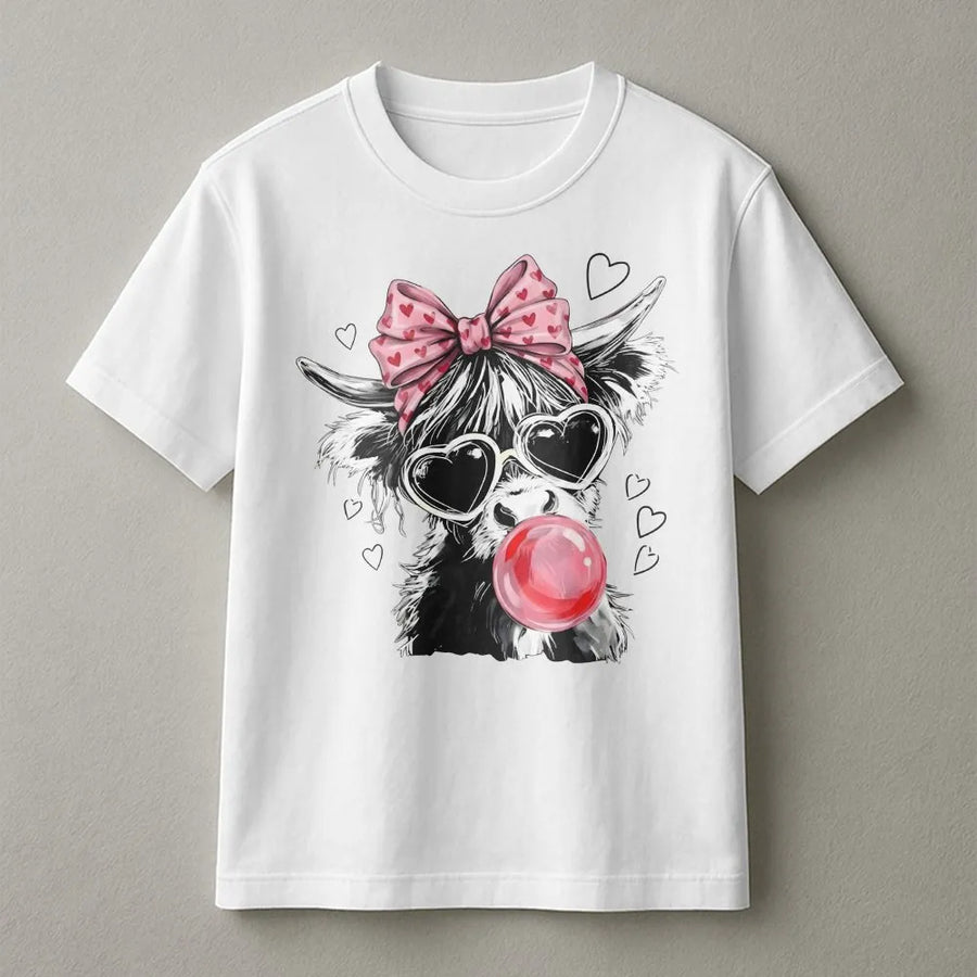 Highland Cow Graphic T-Shirt | Cute Bubble Gum Cow With Pink Heart Sunglasses | Premium Soft Cotton | Funny Farm Animal Gift For Her