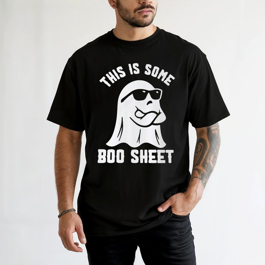 This Is Some Boo Sheet T-Shirt | Funny Ghost Wearing Sunglasses Graphic | 100% Cotton Premium Unisex Tee | Cute Halloween Party Apparel Gift