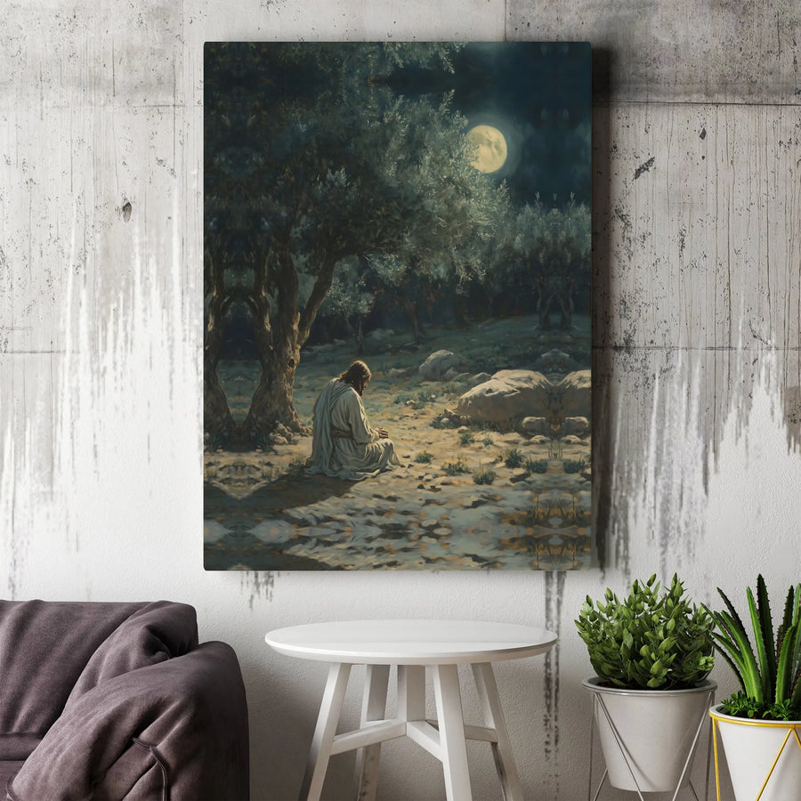 Jesus Praying in Gethsemane Canvas Art | Spiritual Night Garden Scene | Premium Gallery Wrap Wall Decor | Christian Religious Home Gift