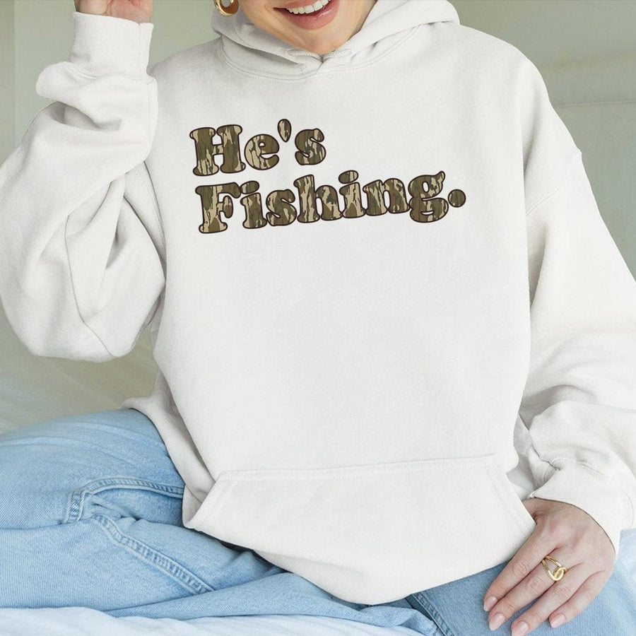 He's Fishing Hoodie | Camo Text Graphic Design | Premium Cotton-Blend Comfort | Gift for Fishermen Outdoorsmen Anglers