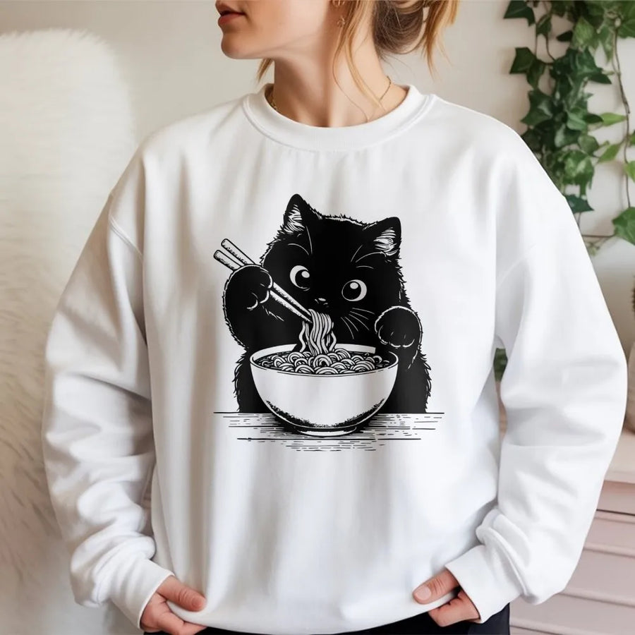Ramen Cat Sweatshirt | Cute Japanese Noodle Graphic Print | Premium Soft Unisex Pullover | Funny Animal Lover Gift for Women and Teens