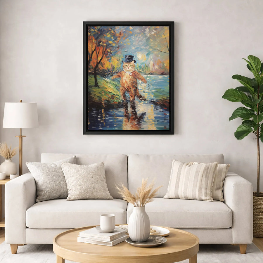 Cat in Top Hat Impressionist Canvas Print | Whimsical Animal Wall Art | 1.25 Inch Gallery Wrap | Unique Gift for Cat Lovers