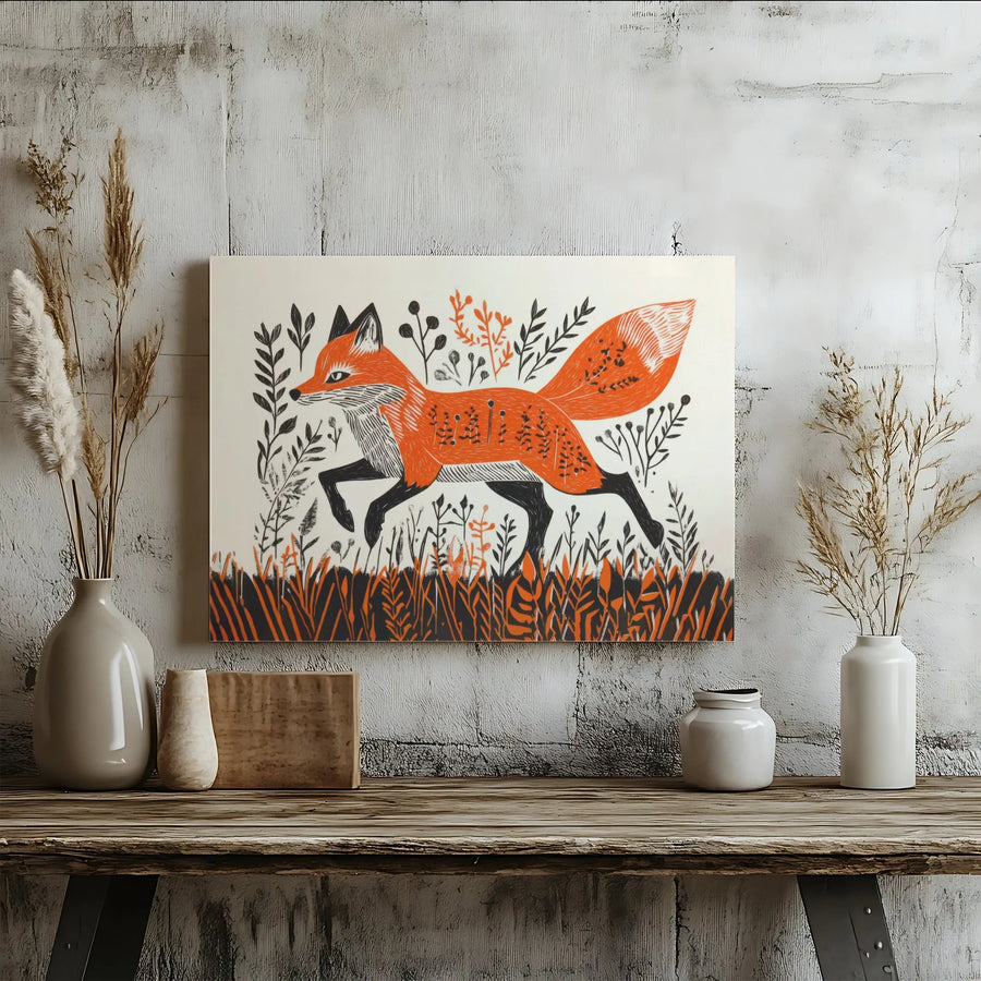 Fox Canvas Wall Art | Mid-Century Linocut Style Nature Print | Premium Gallery Wrap 1.25" Frame | Woodland Home Decor Gift