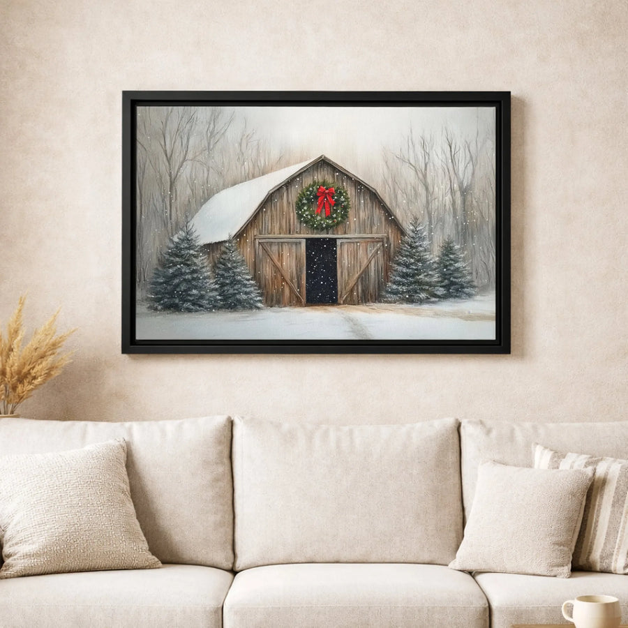 Rustic Winter Barn Canvas Wall Art | Snowy Farmhouse Christmas Wreath Print | Premium Fade-Resistant Gallery Wrap | Festive Holiday Home Decor Gift