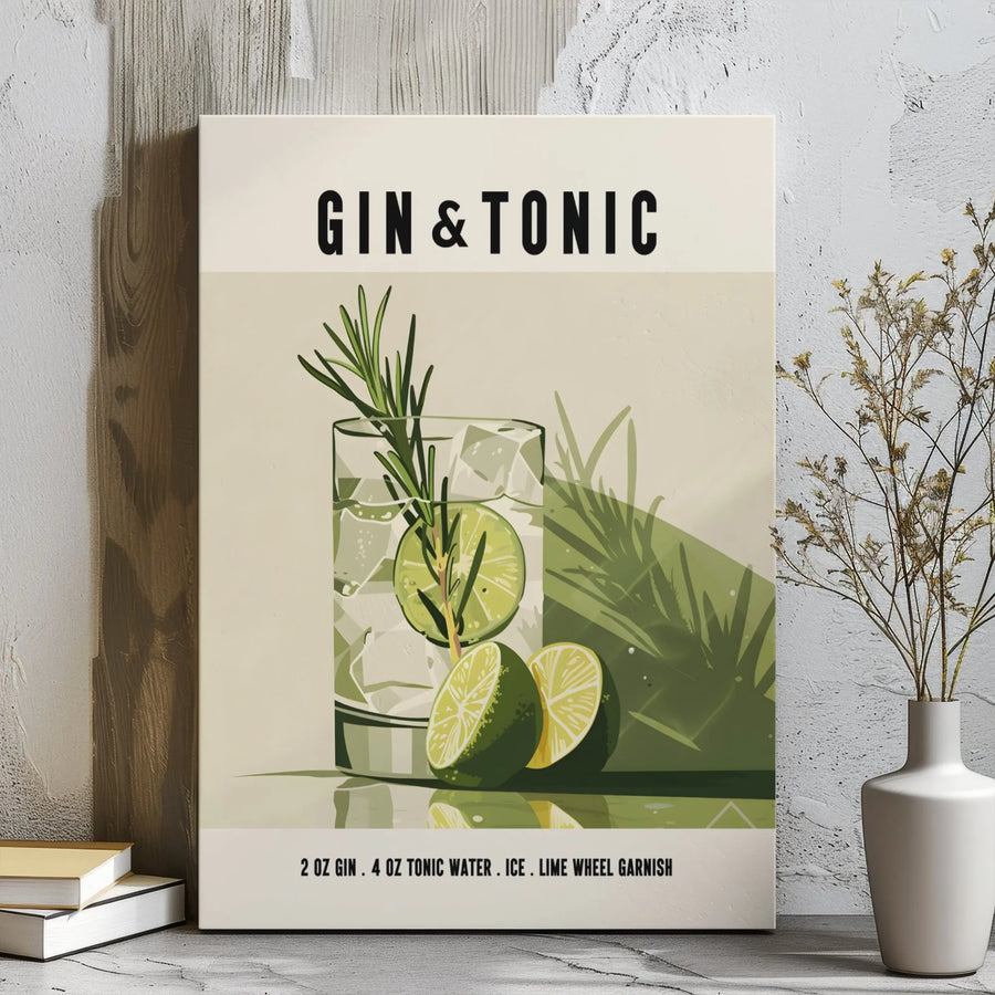 Gin and Tonic Cocktail Wall Art | Minimalist Bar Recipe Print | Gallery-Wrapped Canvas | Kitchen Decor Gift for Cocktail Lovers