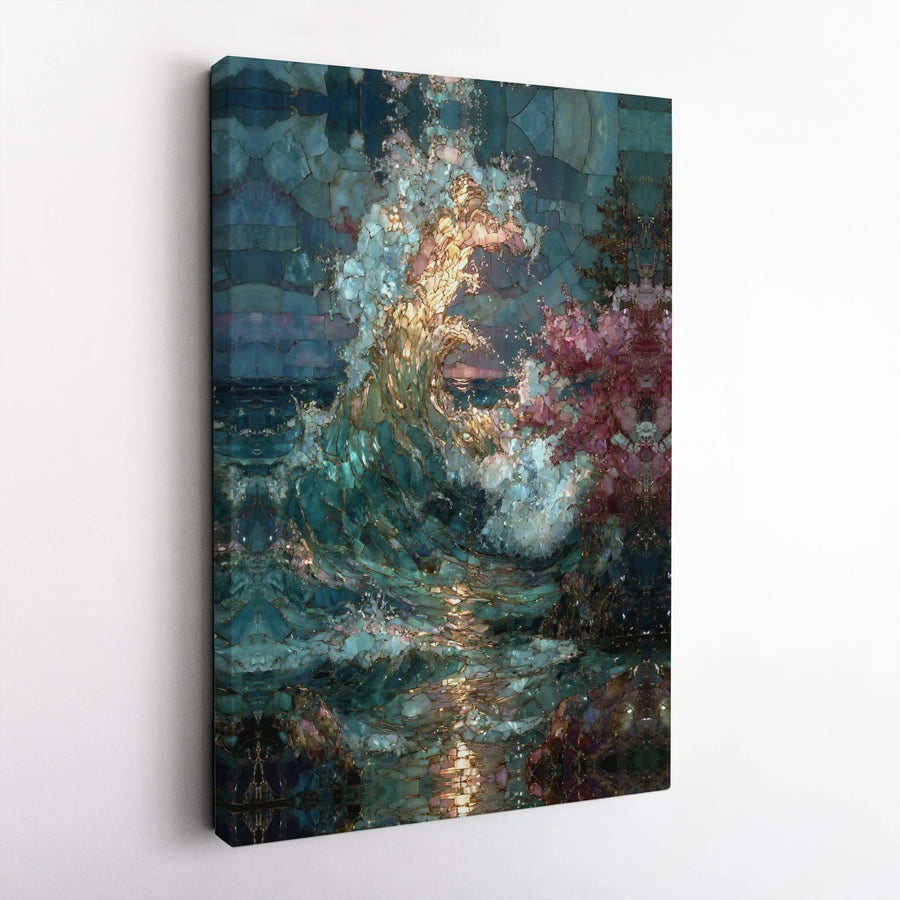 Ocean Wave Canvas Wall Art | Abstract Stained Glass Mosaic Style Print | Premium Gallery Wrapped Canvas | Modern Coastal Home Decor Gift