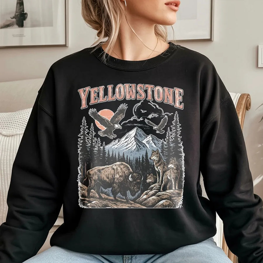 Vintage Yellowstone Sweatshirt | Retro 90s Wildlife Graphic with Bison & Wolves | Soft Cotton Blend Pullover | National Park Souvenir Gift