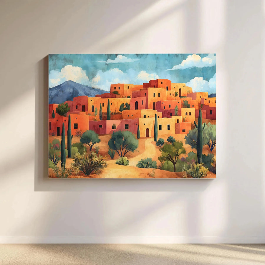 Southwestern Pueblo Village Canvas Art | Adobe Desert Landscape Print | 1.25-Inch Premium Gallery Wrap | Western Home Decor Wall Hanging