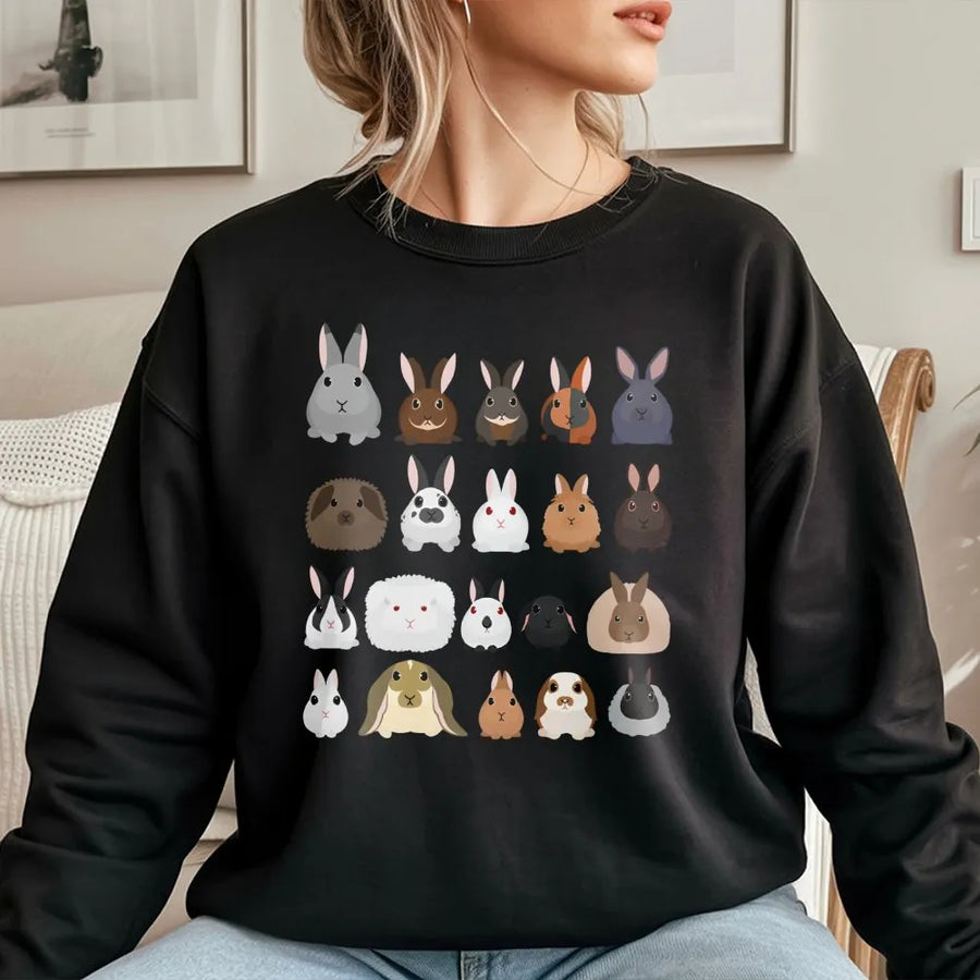 Rabbit Breeds Sweatshirt | Cute Bunny Illustration Graphic | Premium Cotton Blend Crewneck | Gift for Rabbit Owners and Animal Lovers