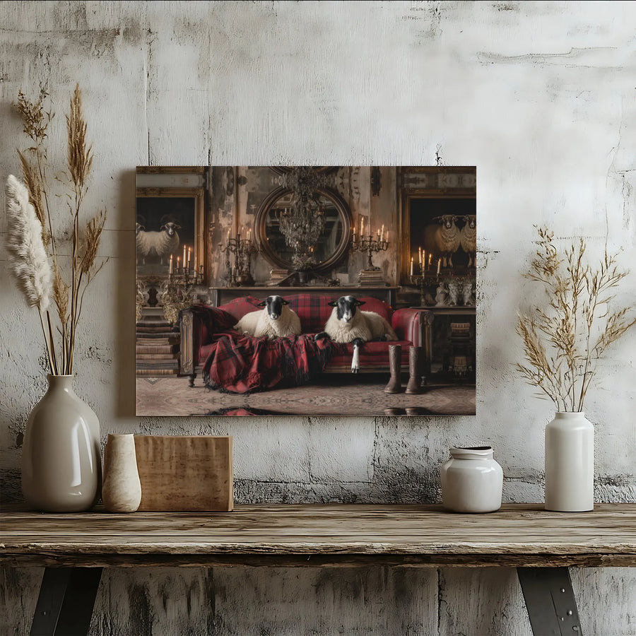Whimsical Farmhouse Canvas Wall Art | Two Sheep Sitting on Red Plaid Sofa | Premium Gallery Wrap Print | Unique Living Room Decor Gift