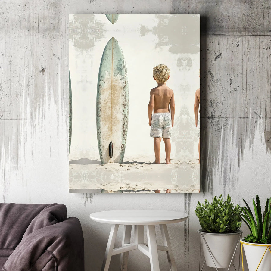 Beach Surfboard Wall Art | Minimalist Young Boy Surfer Portrait | Gallery Quality 1.25" Framed Canvas | Coastal Home Decor Nursery Gift