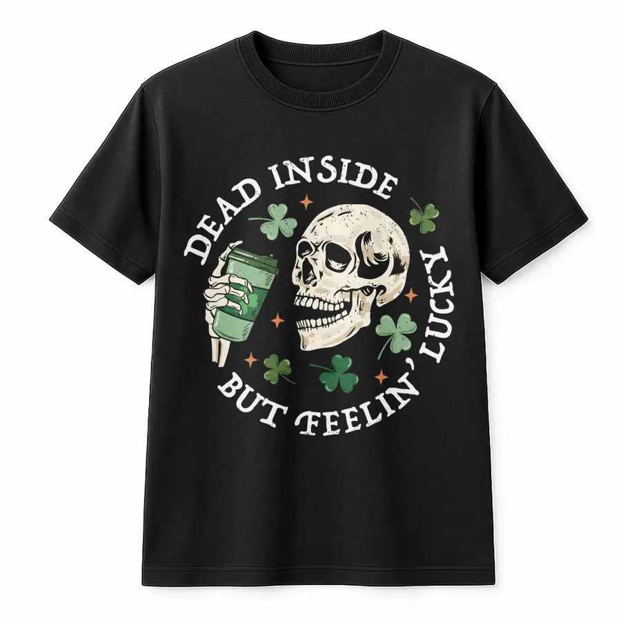 Dead Inside But Feelin Lucky T-Shirt | Skeleton Drinking Coffee Graphic | St Patrick's Day Premium Cotton Tee | Funny Irish Humor Gift for Adults