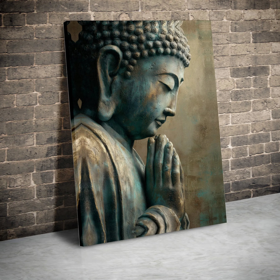 Buddha Wall Art Canvas Print | Vintage Praying Buddha Statue with Patina Finish | Premium 1.25" Thick Gallery Wrapped | Zen Decor Gift for Meditation Room