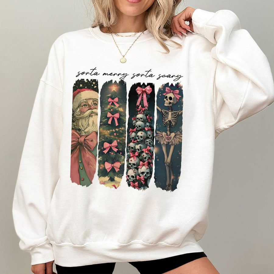 Sorta Merry Sorta Scary Christmas Sweatshirt | Spooky Skeleton Santa Aesthetic | Cotton Blend Unisex Pullover | Unique Holiday Gift For Her