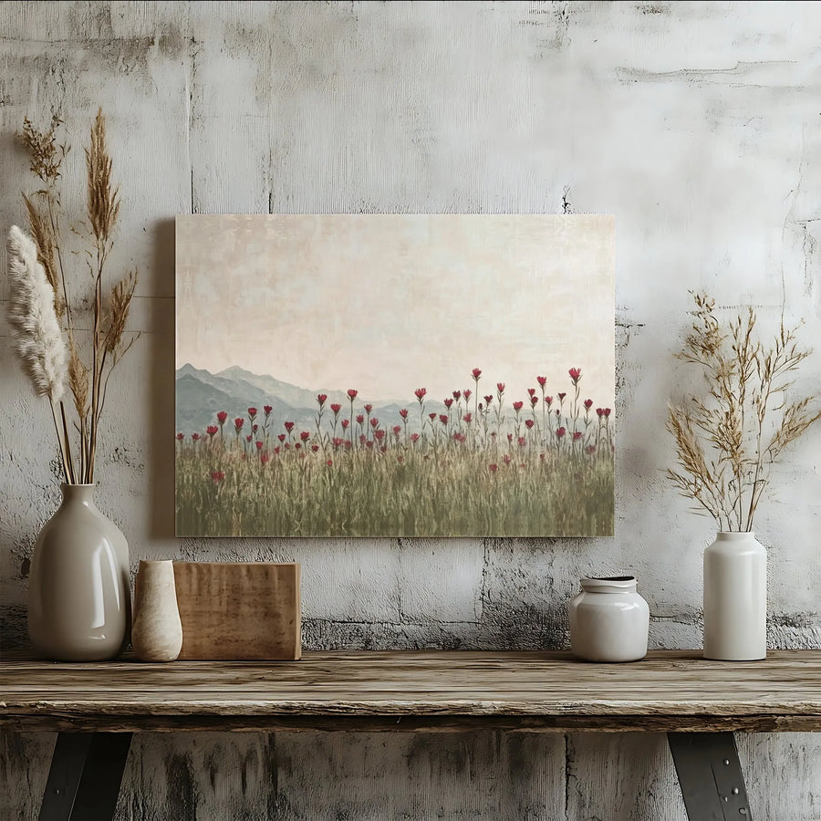 Mountain Landscape Canvas Wall Art | Red Wildflower Meadow Print | Premium 1.25" Gallery Wrap | Boho Farmhouse Home Decor Gift