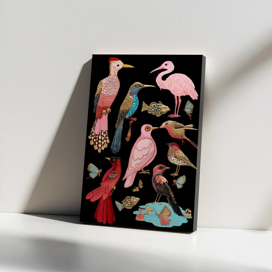 Colorful Bird and Butterfly Canvas Print | Botanical Illustration Wall Art | Premium Gallery-Wrap Decor | Nature Lover Gift Idea