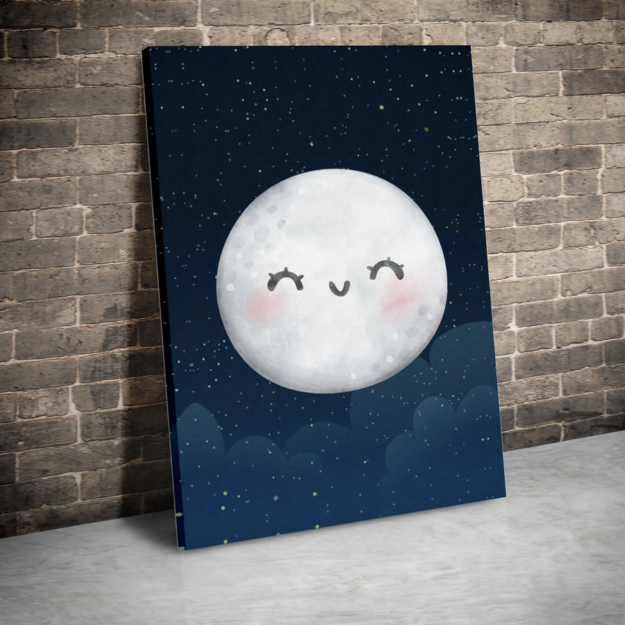 Cute Moon Nursery Canvas | Smiling Moon & Starry Night Sky Art | Premium Thick Gallery Wrap Canvas | Kids Room Decor & Baby Shower Gift
