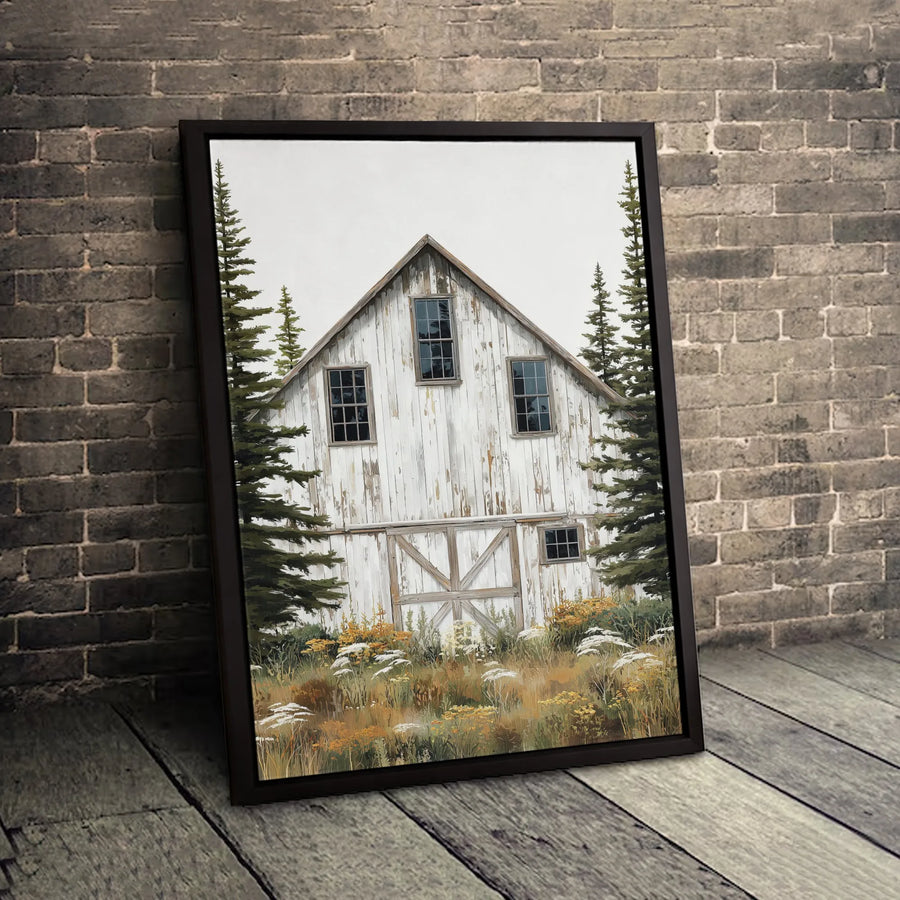 Rustic White Barn Canvas Print | Farmhouse Wall Art with Pine Trees & Wildflowers | Premium Gallery-Wrapped 1.25" Profile | Country Home Decor Gift