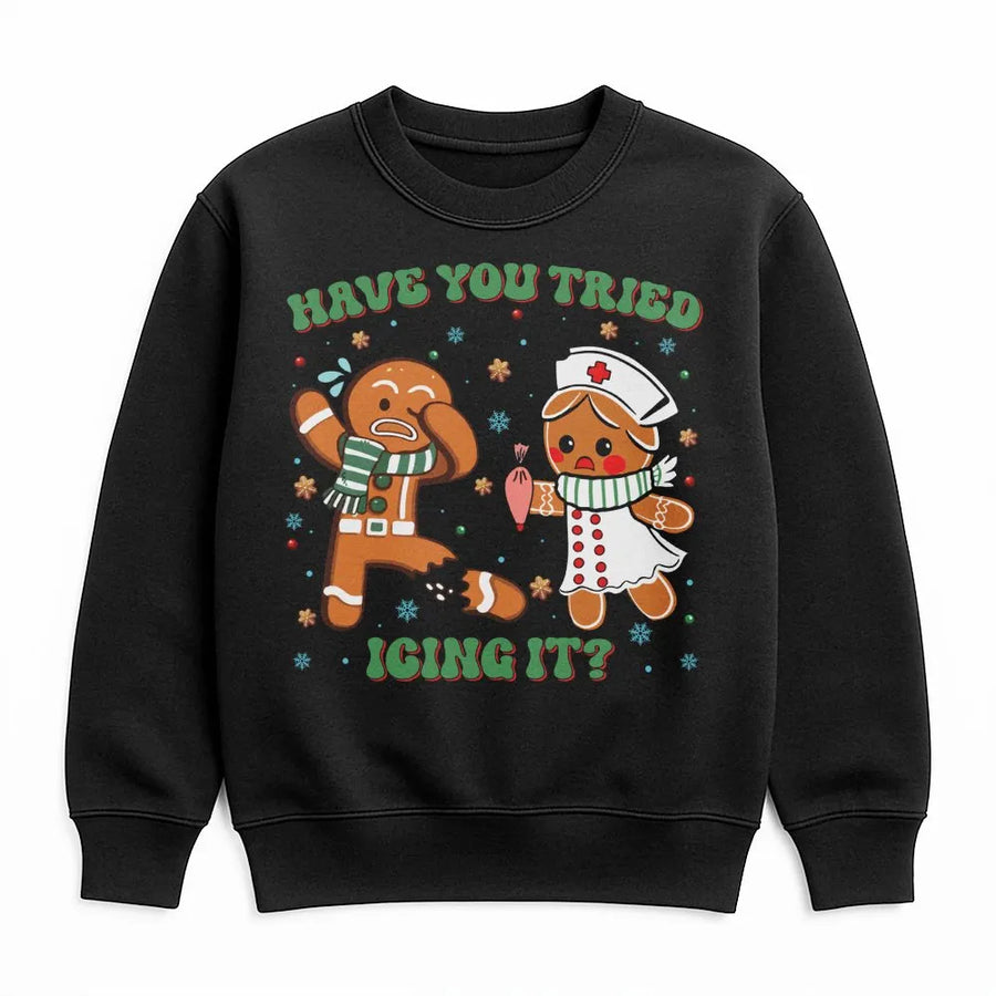 Nurse Christmas Sweatshirt | Funny Gingerbread Have You Tried Icing It Design | Premium Cotton Blend | Holiday Gift for Nurses RN LPN