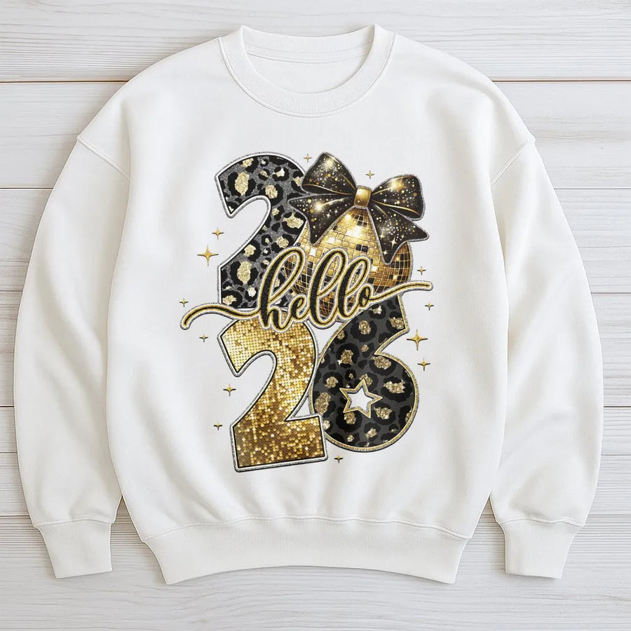 Hello 2026 New Year Sweatshirt | Gold Glitter Leopard Disco Bow Graphic | Premium Cotton Blend | Sparkly Holiday Party Gift for Her