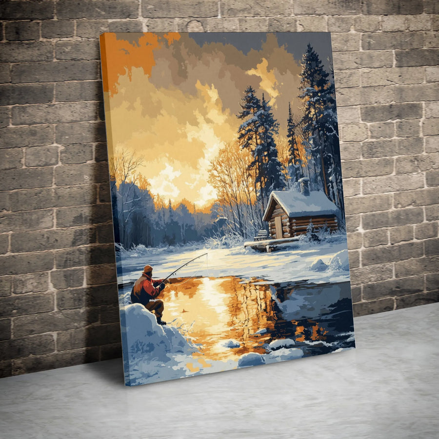 Ice Fishing Canvas Wall Art | Winter Log Cabin Landscape | Premium Gallery Wrap Print | Nature Lover Cabin Decor Gift