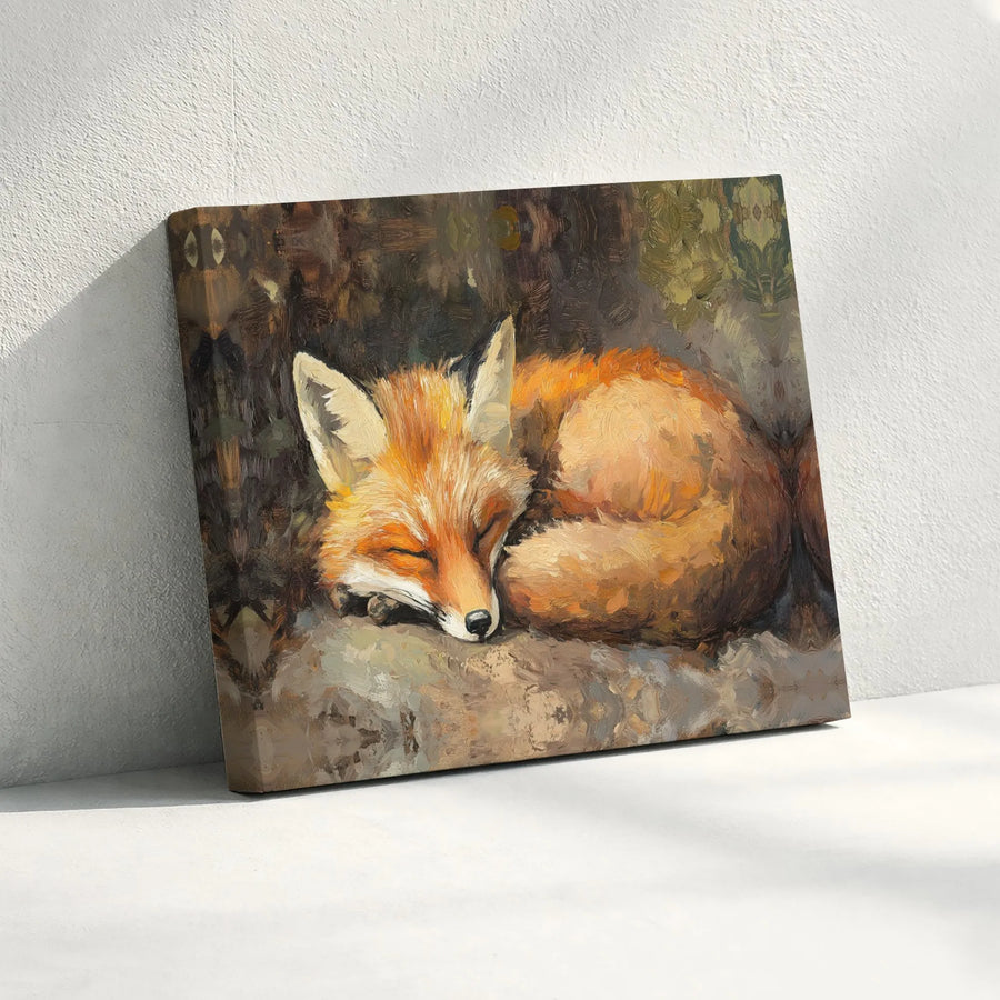 Sleeping Fox Canvas Wall Art | Impressionist Animal Oil Painting | Premium Gallery-Wrapped Print | Wildlife Nature Decor for Nature Lovers