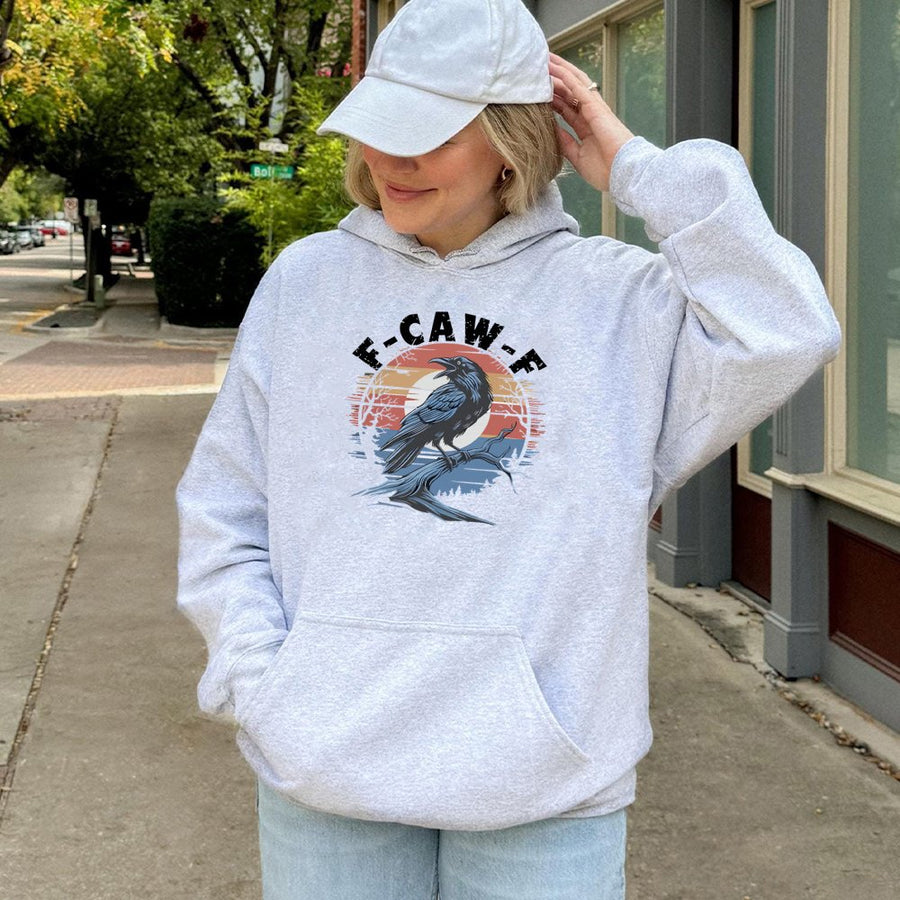 Crow Hoodie F-Caw-F Funny Bird Graphic | Vintage Sunset Illustration | Cotton-Poly Blend Soft Pullover | Humorous Nature Lover Gift For Him Her